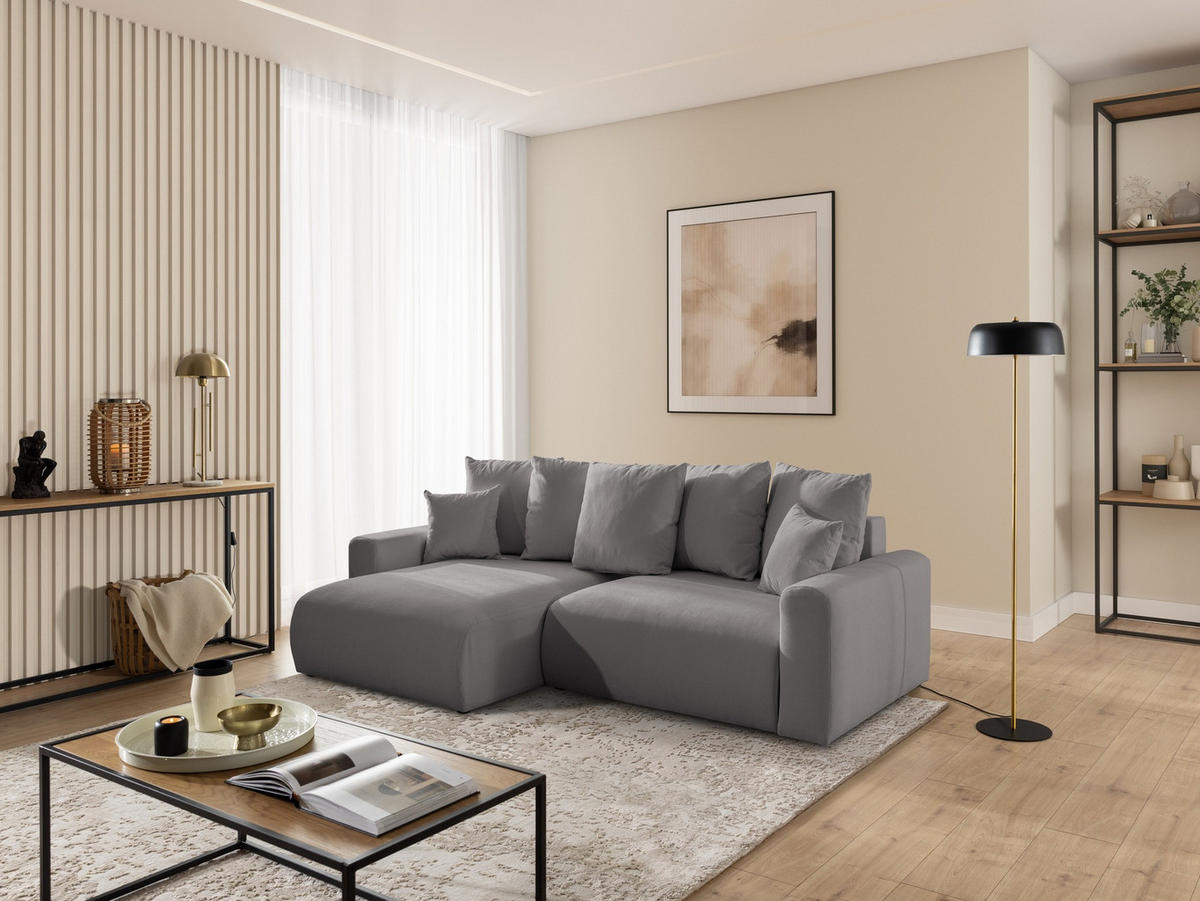 ECKSOFA Calma mit Schlaffunktion und Bettkasten im Bumpy-Design aus weichem Taupe Webstoff - Ottomane links - Taupe/Schwarz, Holz/Kunststoff (239/140cm) - S-Style