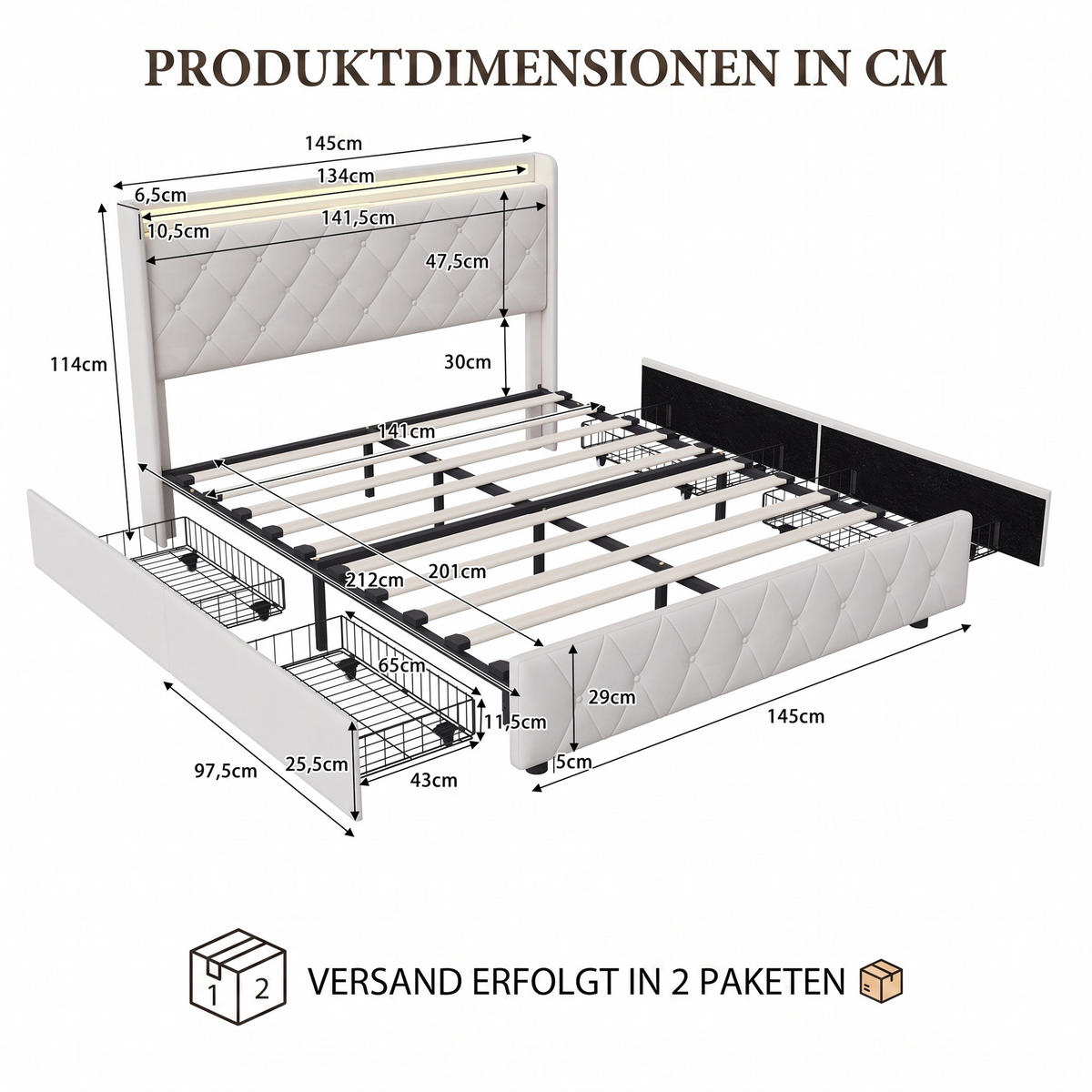 POLSTERBETT, LED-Beleuchtung Doppelbett 140x200cm mit Ladefunktion und 4 Schubladen, Samt, beige - Beige, Holz/Holzwerkstoff (140/200cm) - GENKI LIVING