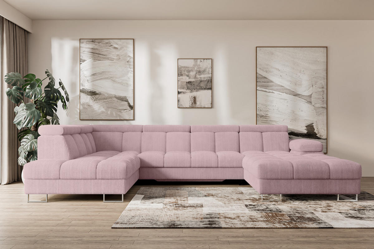 WOHNLANDSCHAFT mit Schlaffunktion und Bettkasten Ottomane Links COMA U 345x203x79 Rosa Cord - Rosa, Holzwerkstoff/Textil (345/79/203cm) - ALTDECOR
