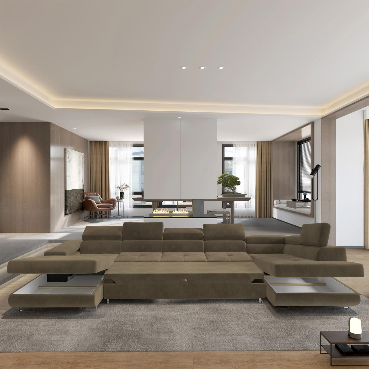 WOHNLANDSCHAFT TORIVA R-S Beige Velours-Stoff mit Schlaffunktion - Beige, Holz (418/90/202cm) - MASSENO