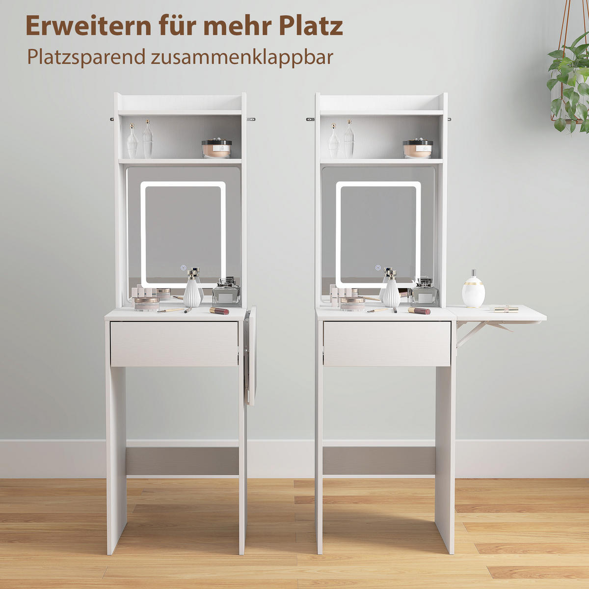SCHMINKTISCH DE-10669 klappbar mit LED-Spiegel & Schublade Weiß - Weiß, Holzwerkstoff (45/152/45cm) - ComfortXL