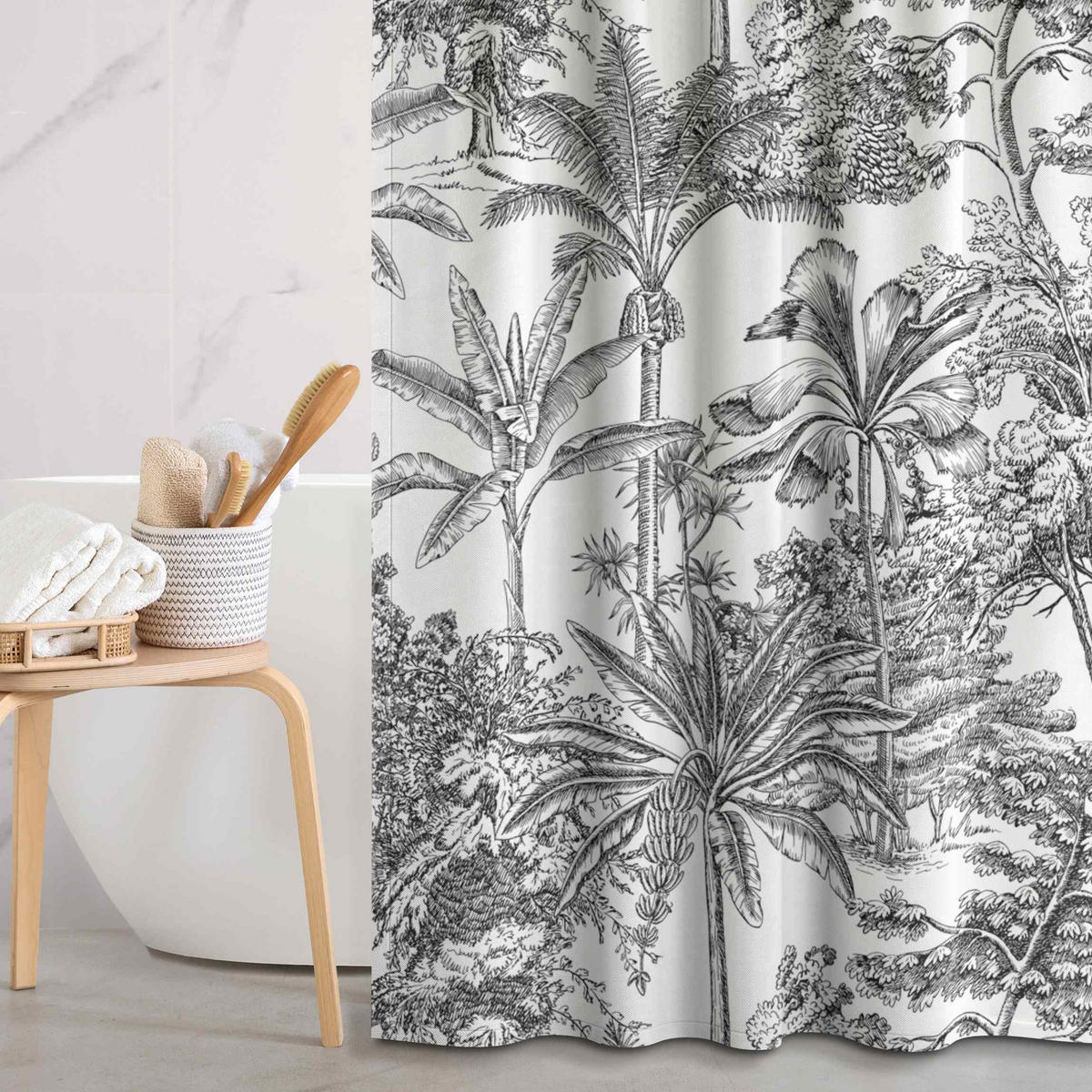 DUSCHVORHANG Kupferstichanmutung - Tropische Palmen 200/180 cm - Schwarz, Textil (200/180cm) - Bilderwelten