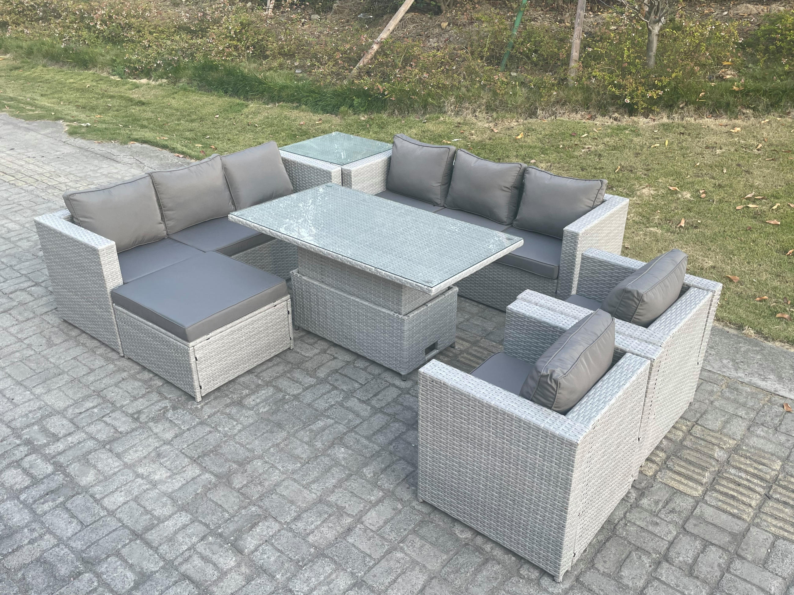 GARTENMÖBEL SET mit höhenverstellbarer Tisch Polyrattan Helles Grau 9-Sitzer - Hellgrau, Metall - Fimous