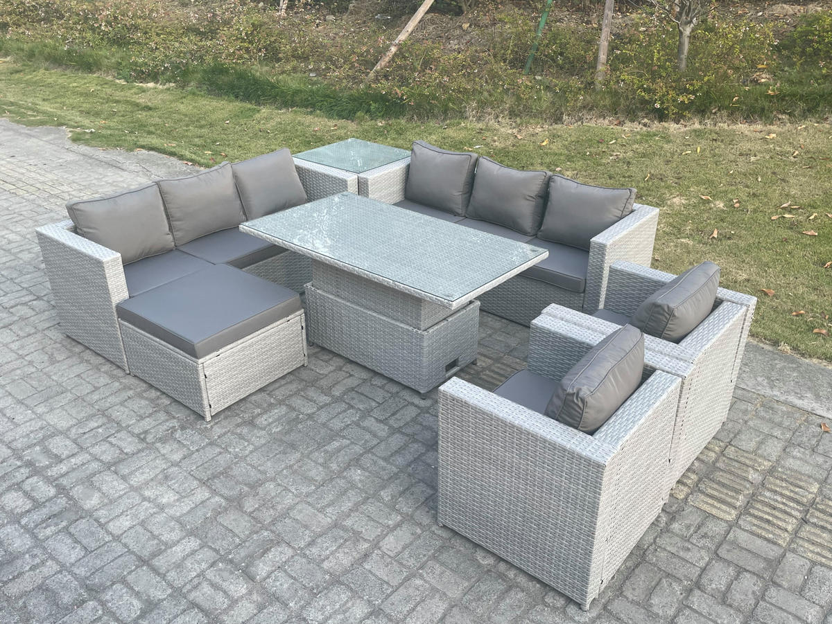 GARTENMÖBEL SET mit höhenverstellbarer Tisch Polyrattan Helles Grau 9-Sitzer - Hellgrau, Metall - Fimous