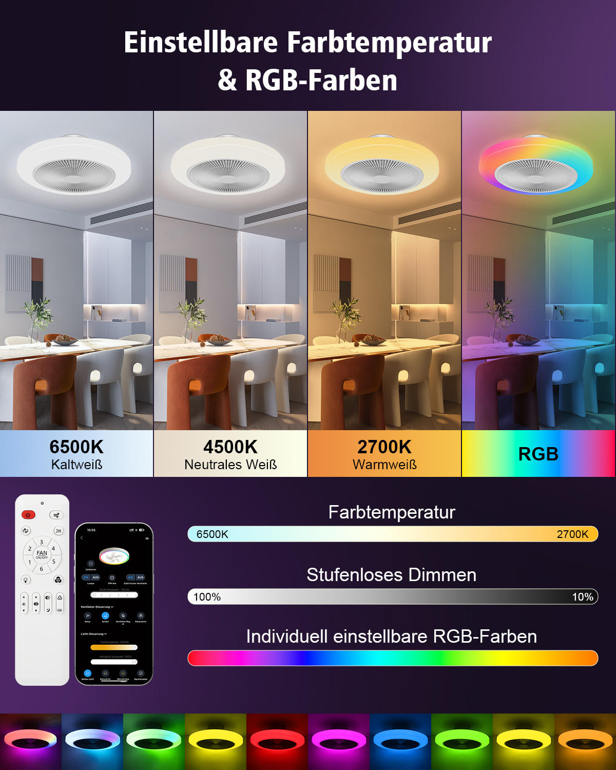 DECKENVENTILATOR FA1011 mit LED Leuchte CCT RGB - Weiß, Kunststoff (54/23/54.5cm) - LOVHAUS