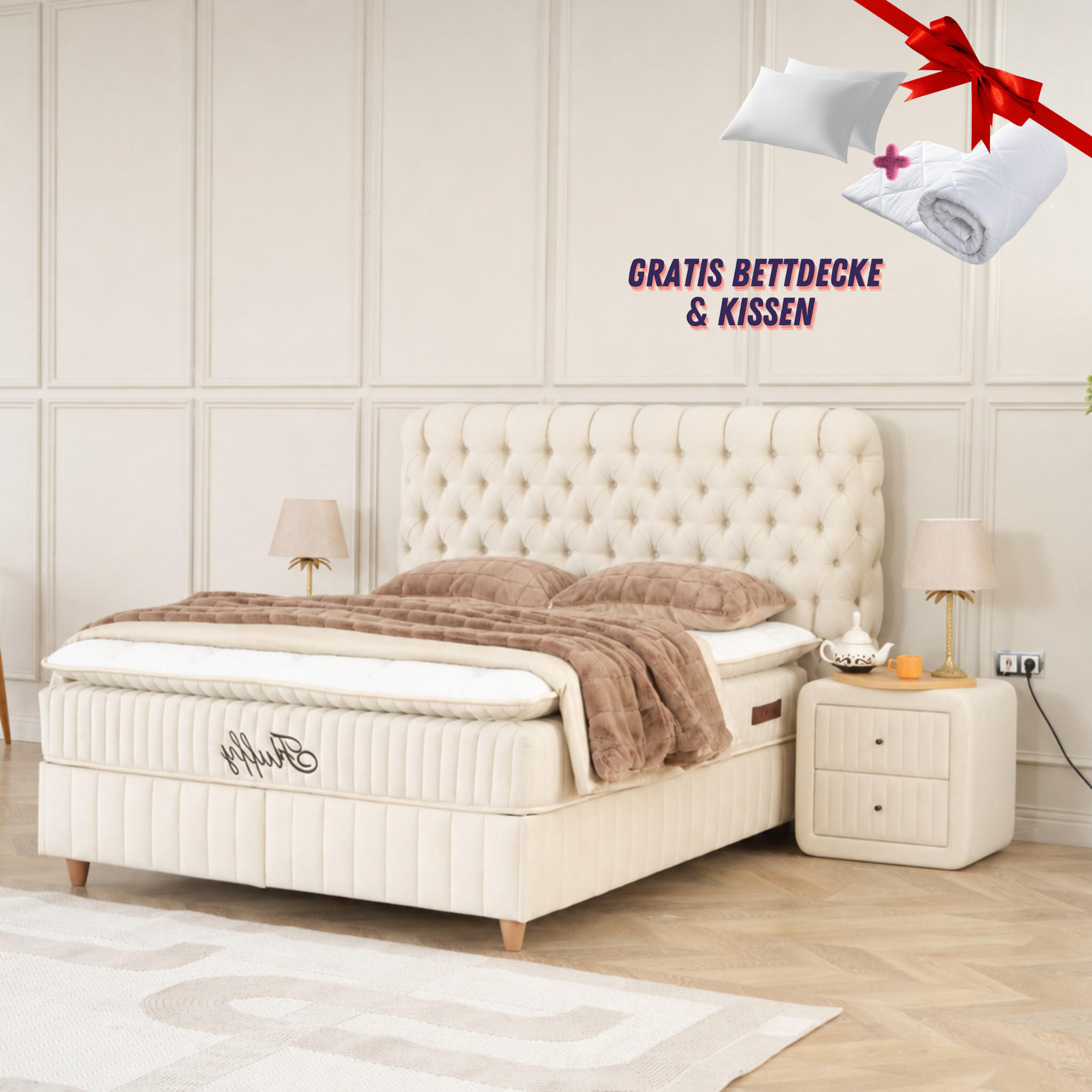 BOXSPRINGBETT Fluffy Set Beige Boxspringbett 160x200 mit Matratze inkl. Lieferung - Beige, Holz (160/200cm) - Gowoll