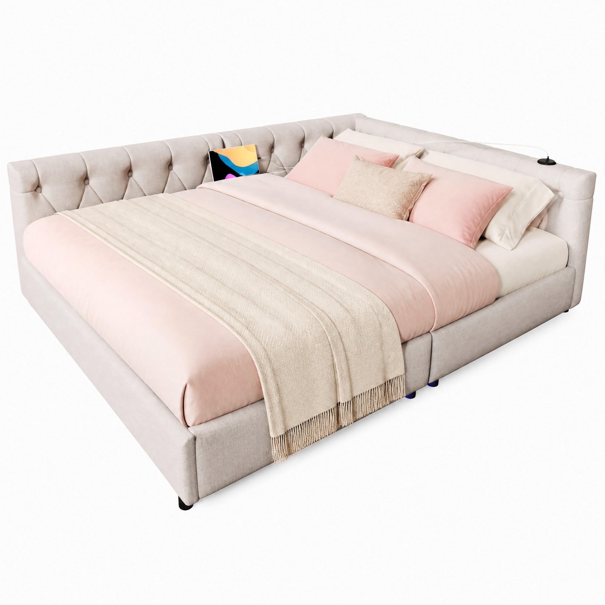 POLSTERBETT 140/200 mit LED-Ambientebeleuchtung, USB + Type-C und Knopfsteppung aus Leinen in Beige - Beige, Holzwerkstoff/Textil (140/200cm) - EVRYAE