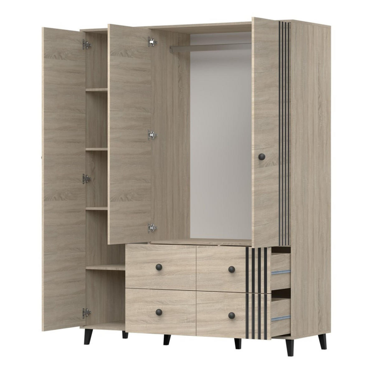 DREHTÜRENSCHRANK - FORTEN 3D4S (Sonoma + Schwarz) - Sonoma Eiche, Holzwerkstoff/Metall (150/201/55cm) - Möblo