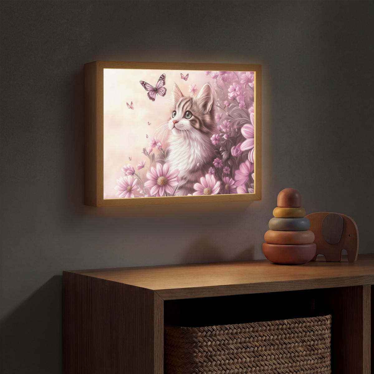 NACHTTISCHLAMPE MIT AKKU Kätzchen - Blumen - Schmetterlinge - Lila 40x30 cm - Altrosa, Holzwerkstoff (8/40/30cm) - OnlyWow