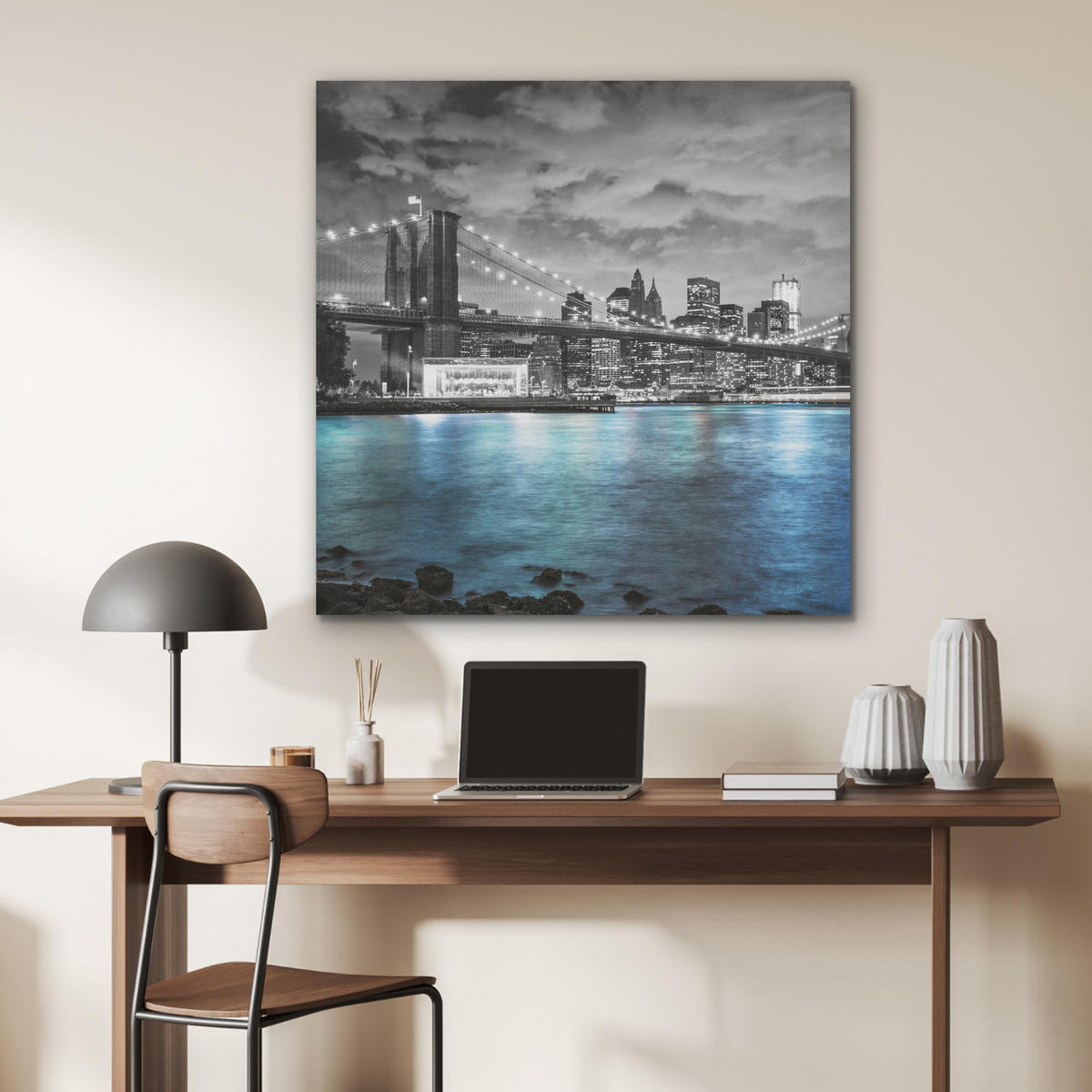 AKUSTIKPANEEL New York - Skyline - Stadt - Blau 90x90 cm - Blaugrau, Textil (90/0.9/90cm) - MuchoWow