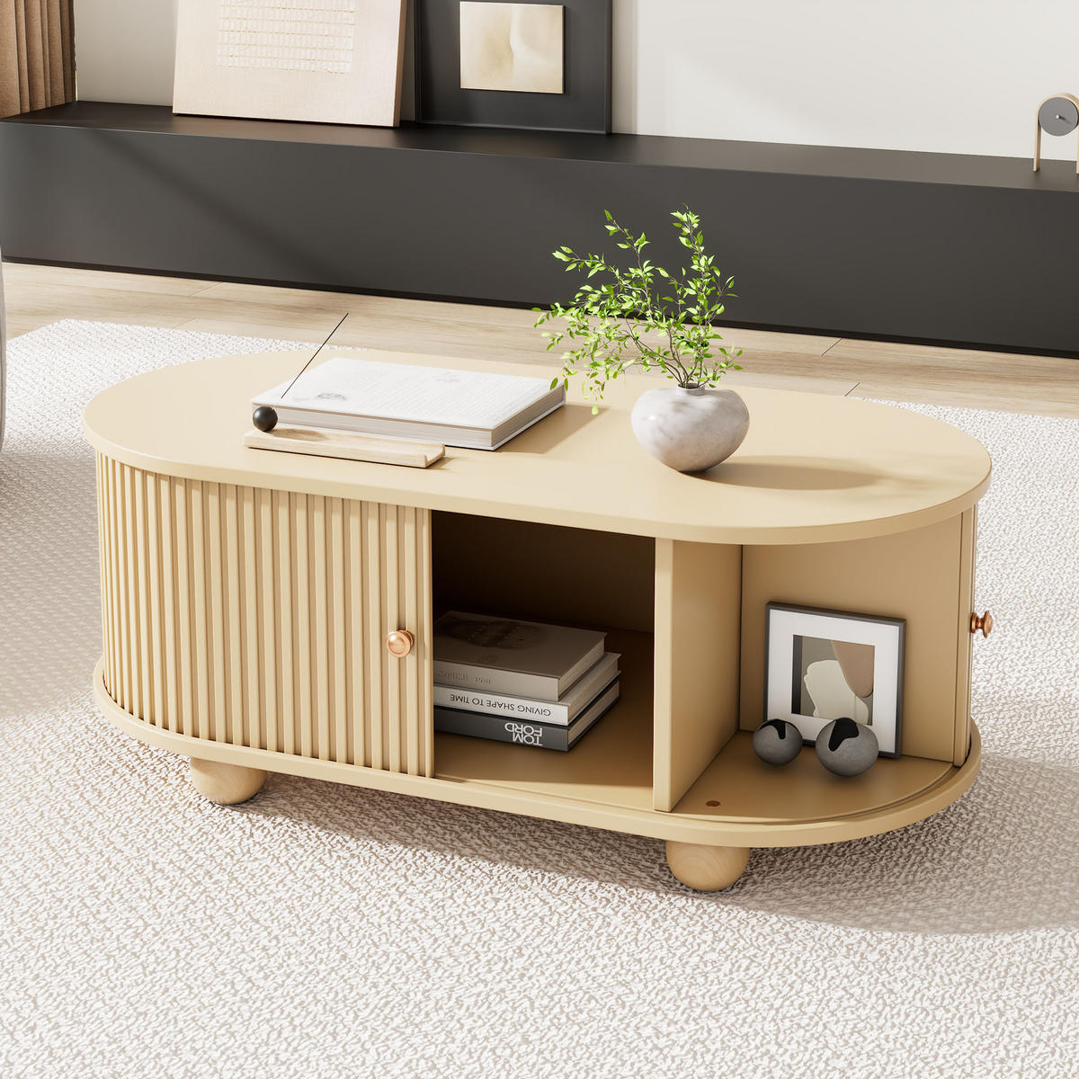COUCHTISCH Oval Stauraum Schiebetüren Holzfarben Multifunktion - Naturfarben, Holzwerkstoff (100/50/40cm) - FLIEKS