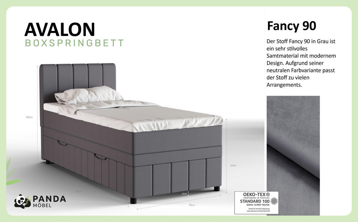 BOXBETT AVALON 90 x 200 cm mit Bettkasten und Topper - Dunkelgrau - Dunkelgrau, Holz - Panda Möbel