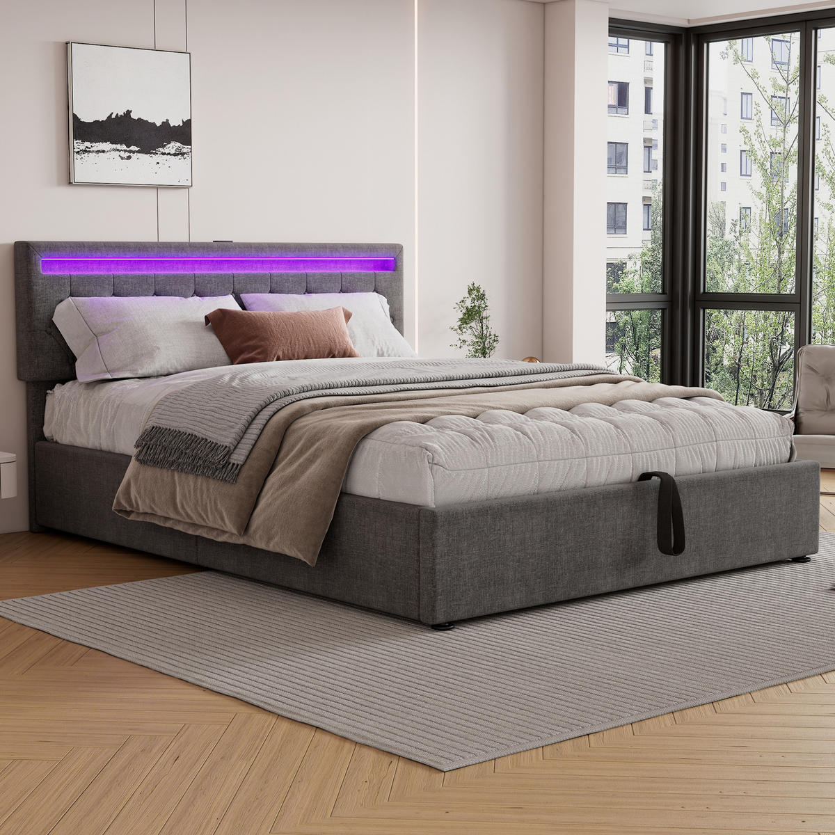 POLSTERBETT 160/200 cm mit Bettkasten, LED-Beleuchtung und USB-C in Grau - Grau, Textil (160/200cm) - BEAOK