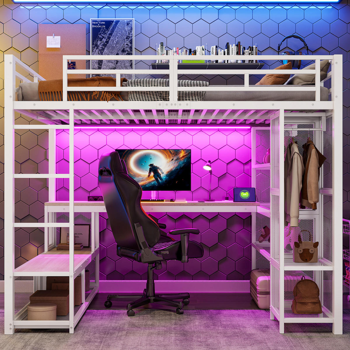 HOCHBETT 140/200 cm aus Metall und MDF mit Schreibtisch, offenem Kleiderschrank, USB und LED-Beleuchtung, Weiß - Weiß, Holzwerkstoff (140/200cm) - Redom