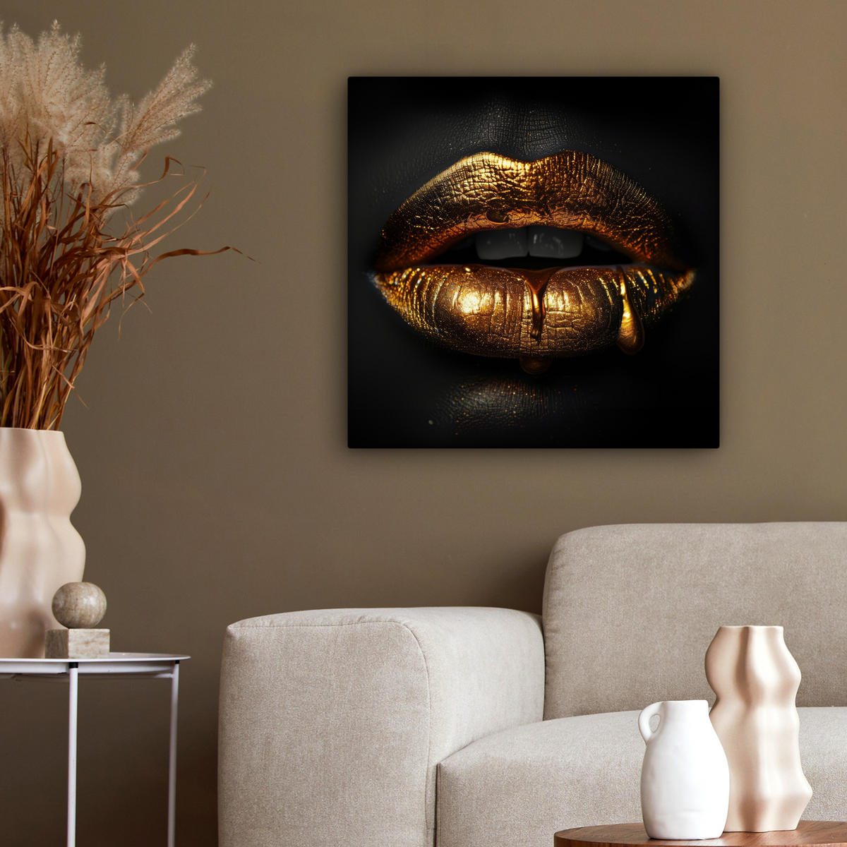 LEINWANDBILD Frau - Porträt - Lippen - Gold - Schwarz 50x50 cm - Schwarz, Textil (50/50cm) - MuchoWow