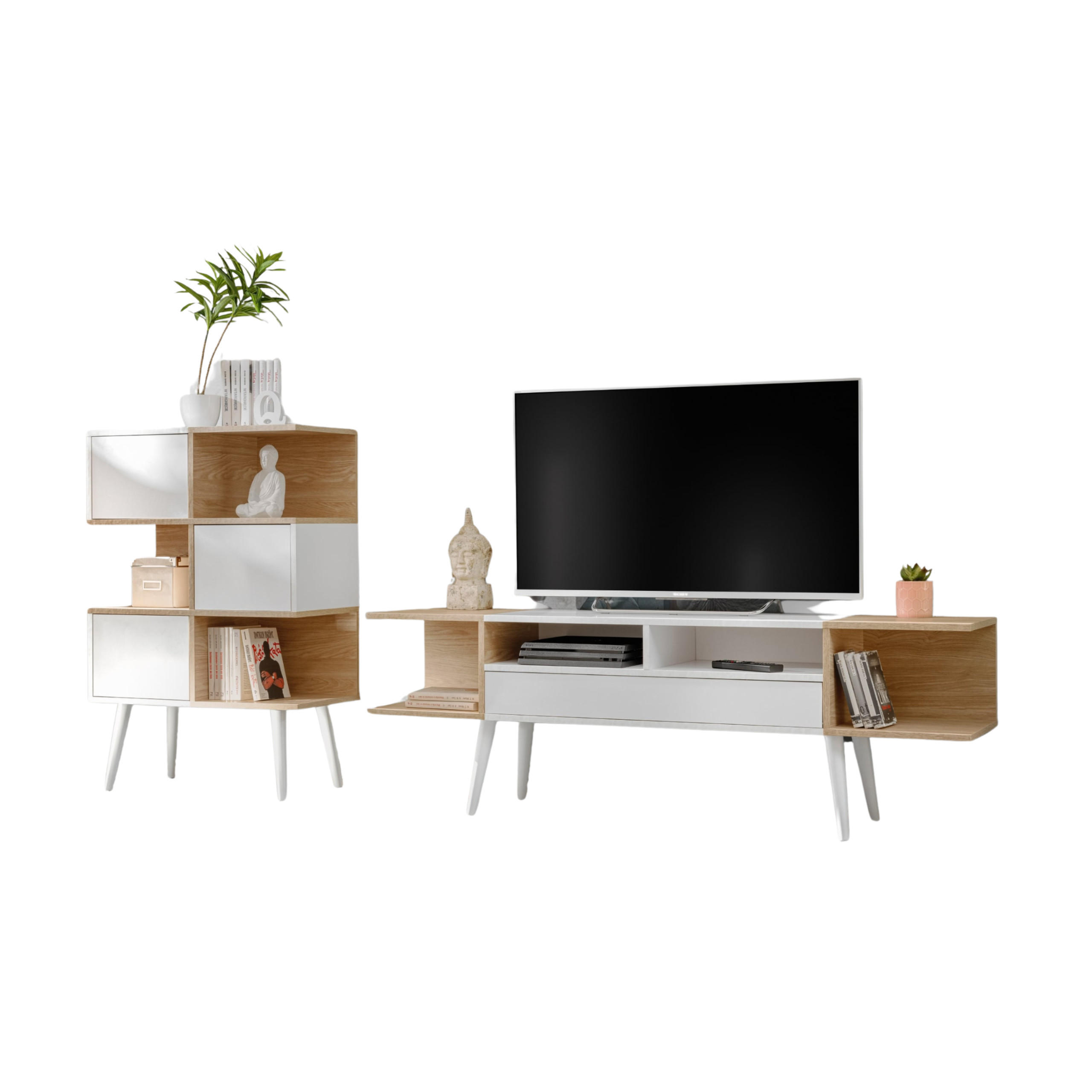 WOHNWAND FORIO, Sideboard und Lowboard, Eiche/Arktik Weiß - Eichefarben/Weiß, Holz/Holzwerkstoff (230/102/35cm) - Komodee