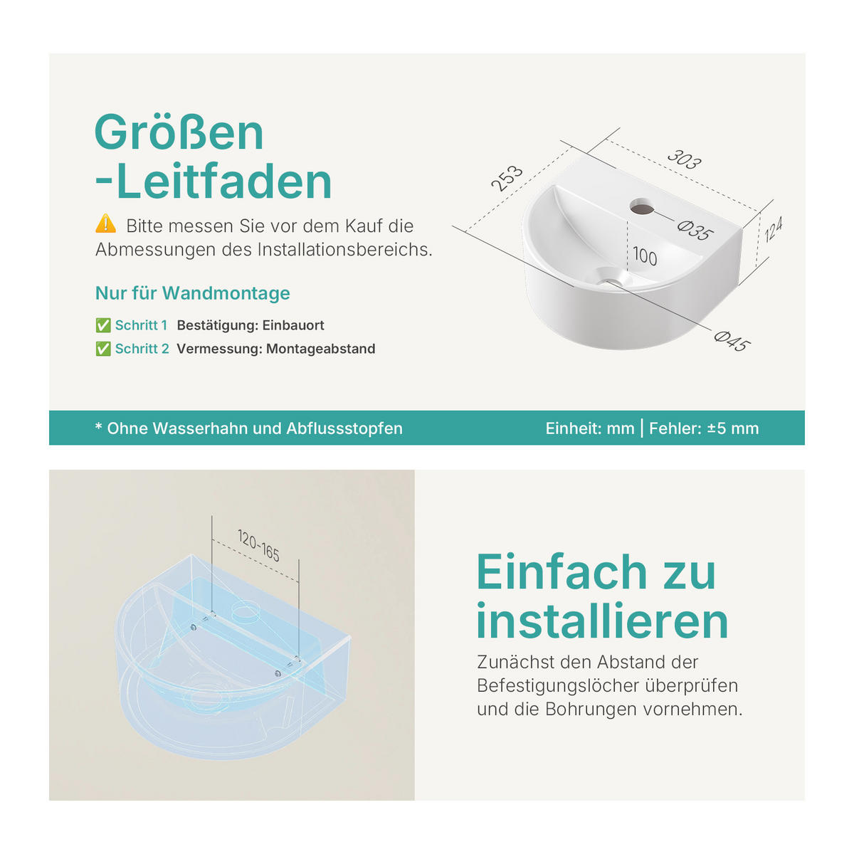 WASCHBECKEN U-förmig Wandmontage Glänzend Weiß 30,3 / 25,5 / 12 cm - Weiß, Keramik (25.5/12/30.3cm) - EMKE