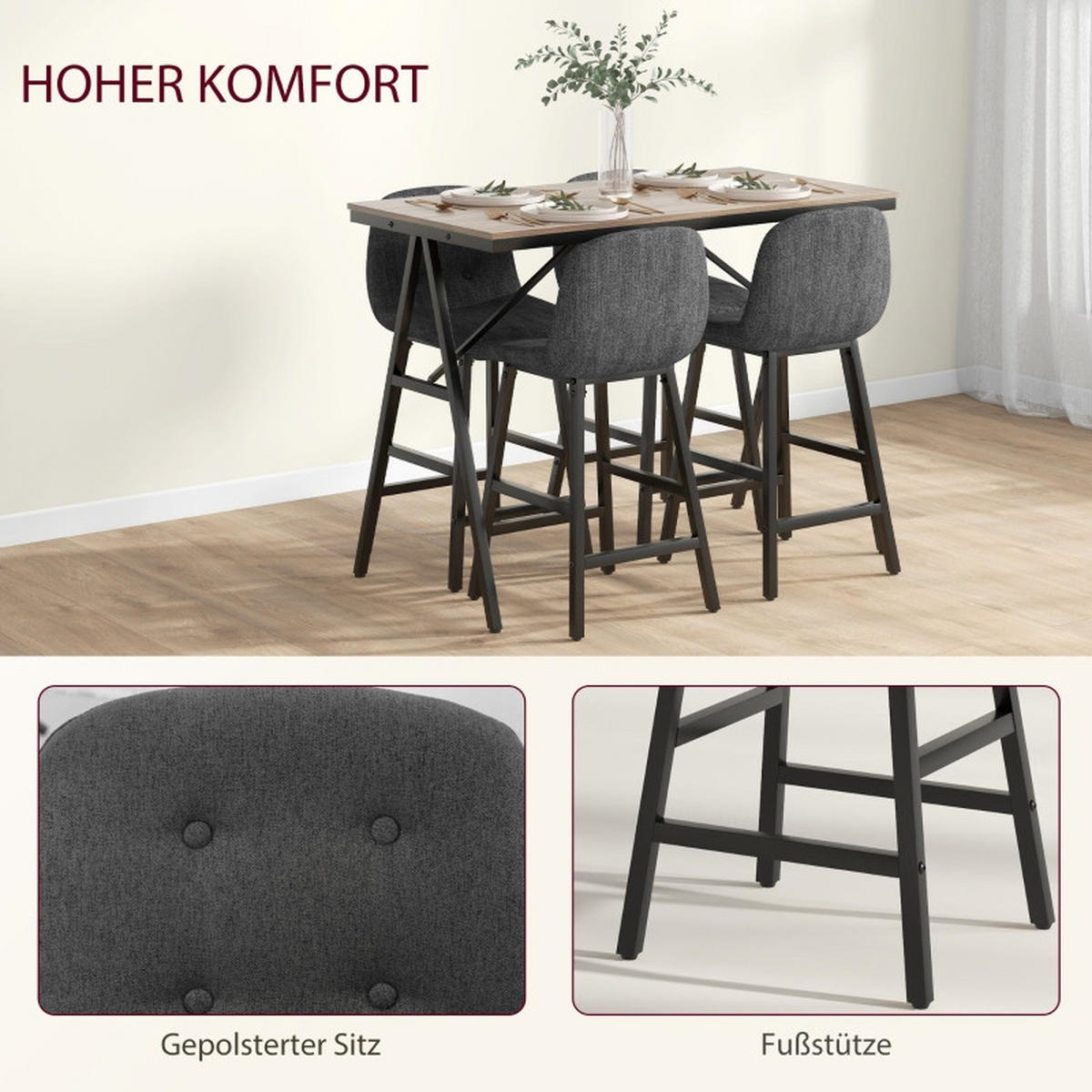 BARTISCH-SET DE-39268 120/60 cm Tisch mit 4 Hockern Dunkelgrau - Dunkelgrau, Holzwerkstoff (120/91/60cm) - ComfortXL