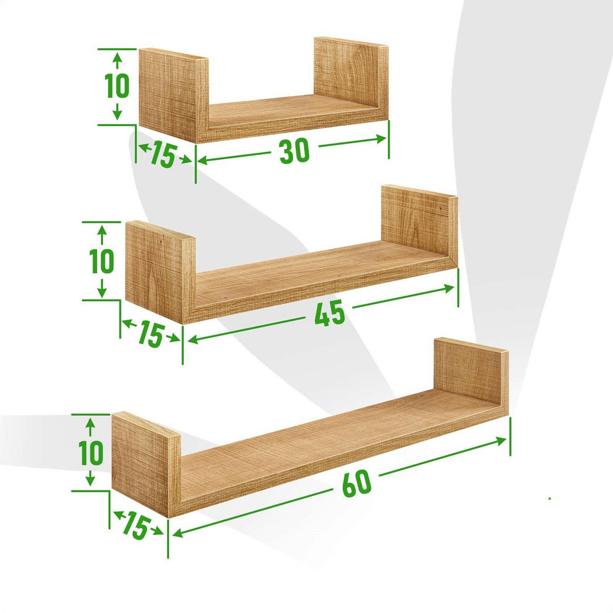 WANDREGAL Holzoptik Honigbraun 3er-Set U-Form 30/45/60x15x10 cm - Honig, Holzwerkstoff (15/10/60cm) - Begryf