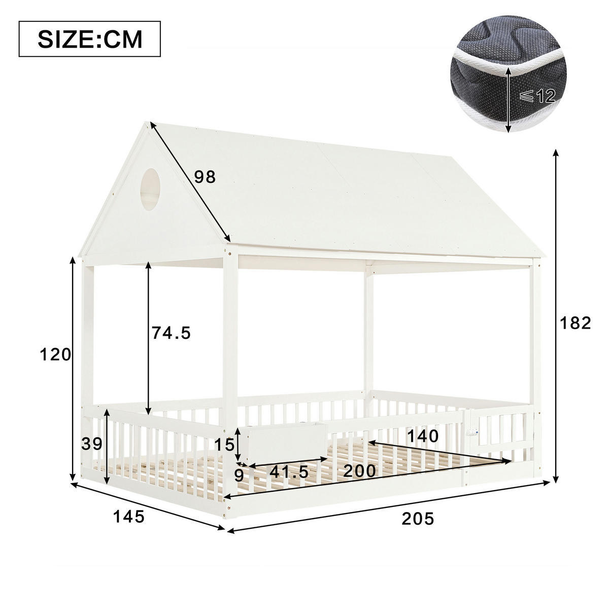 HAUSBETT 140/200 cm Weiß aus Kiefer, MDF und Sperrholz mit Vorhängeschirmen und Stauraumfach - Weiß, Holz (140/200cm) - OKMYHOME