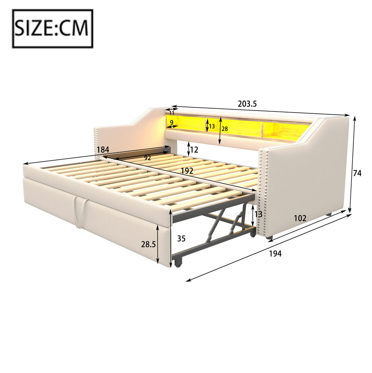 ČALOUNĚNÁ rozkládací postel 90/180 x 190 cm béžová z lnu s LED osvětlením a USB - béžová, textil (90/190cm) - OKWISH