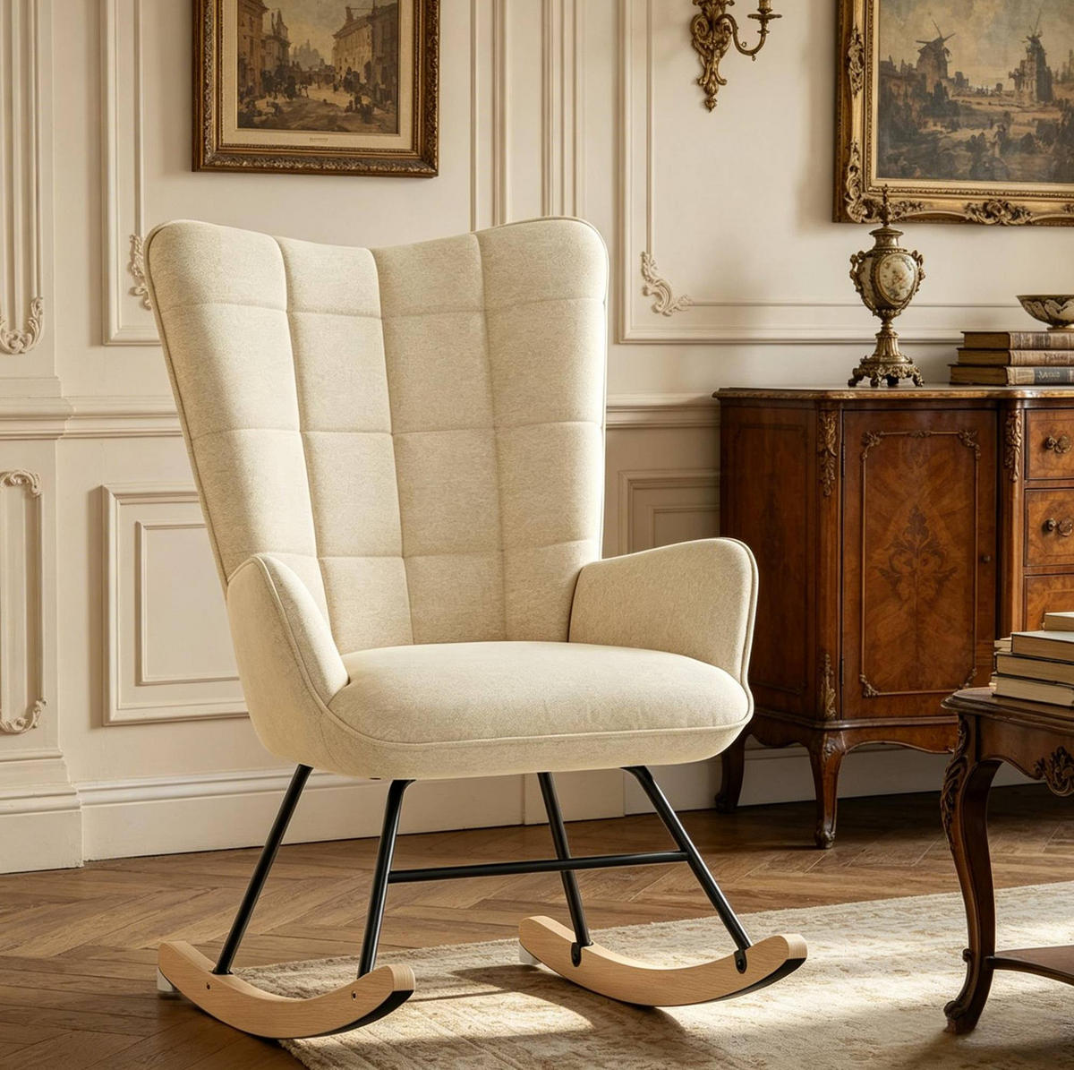 SCHAUKELSTUHL 80/67,5/95 cm beige aus Samt mit Massivholz und Metall, hoher Rückenlehne - Beige, Metall (65/95/67.5cm) - OKWISH