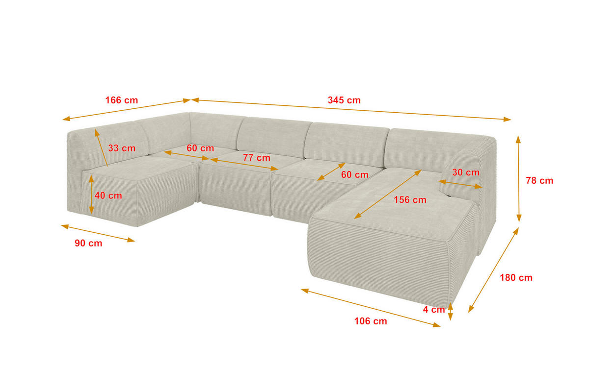 WOHNLANDSCHAFT Ottomane Rechts MOVO-L 345x180x78 cm Cream Cord - Creme, Holzwerkstoff/Kunststoff (180/78/345cm) - ALTDECOR