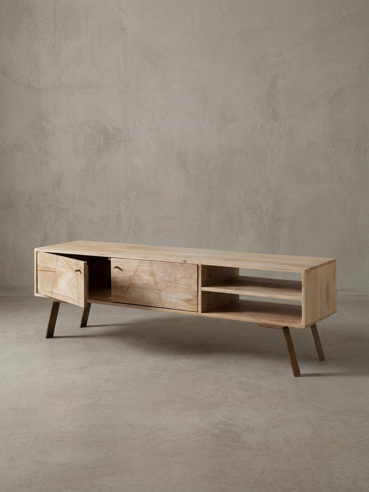 LOWBOARD Mango Massivholz Metall Landhausstil Modell Garda für Fernseher bis 55 Zoll - Goldfarben/Braun, Holz/Metall (145/47/35cm) - KADIMA DESIGN