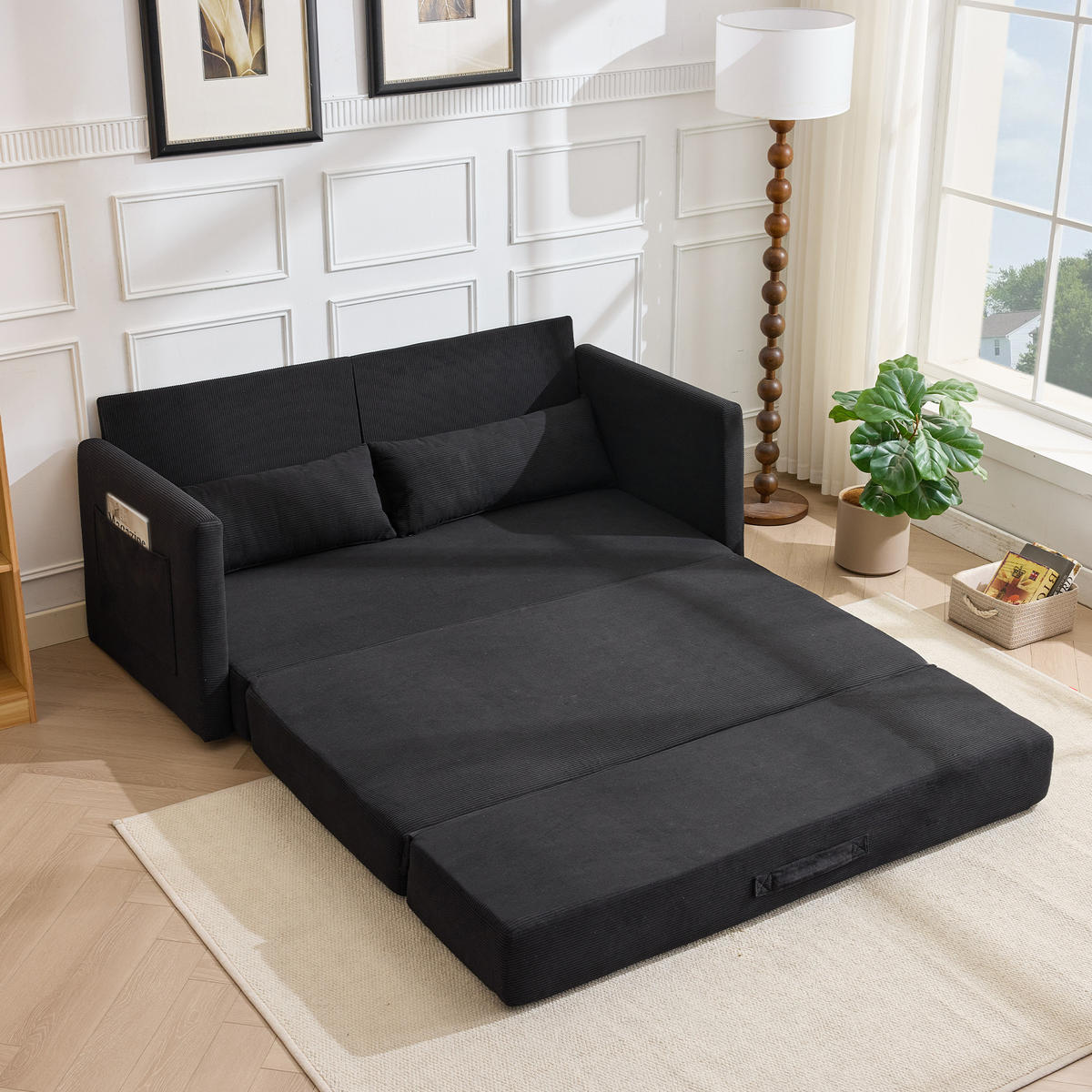 2-SITZER SCHLAFSOFA Cord Schwarz mit 2 Lendenkissen und Magazintaschen - Schwarz, Holzwerkstoff/Textil (165/67/212cm) - WISHDOR
