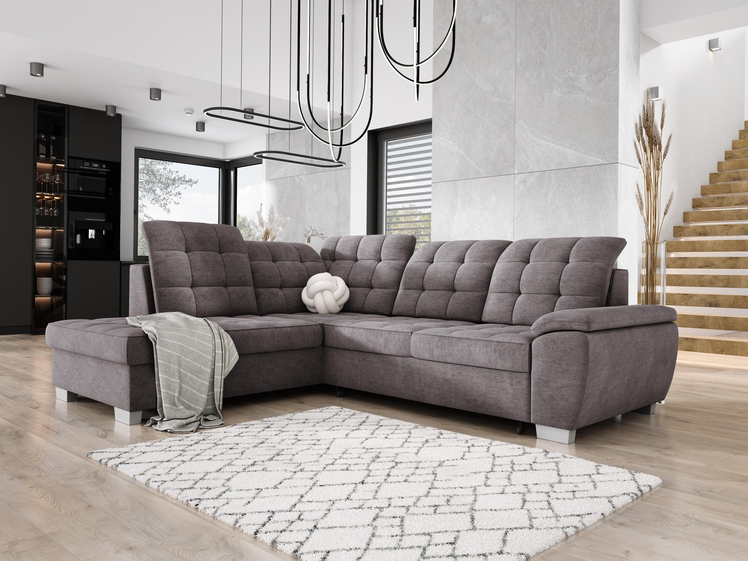 ECKSOFA LOTTA L-förmig Bettkasten verstellbare Kopfstützen hochwertige Verarbeitung lose Rückenkissen freistehend LINKS 212x258x106 cm Grey - Grau, Holz/Textil (212/258cm) - DomoHome