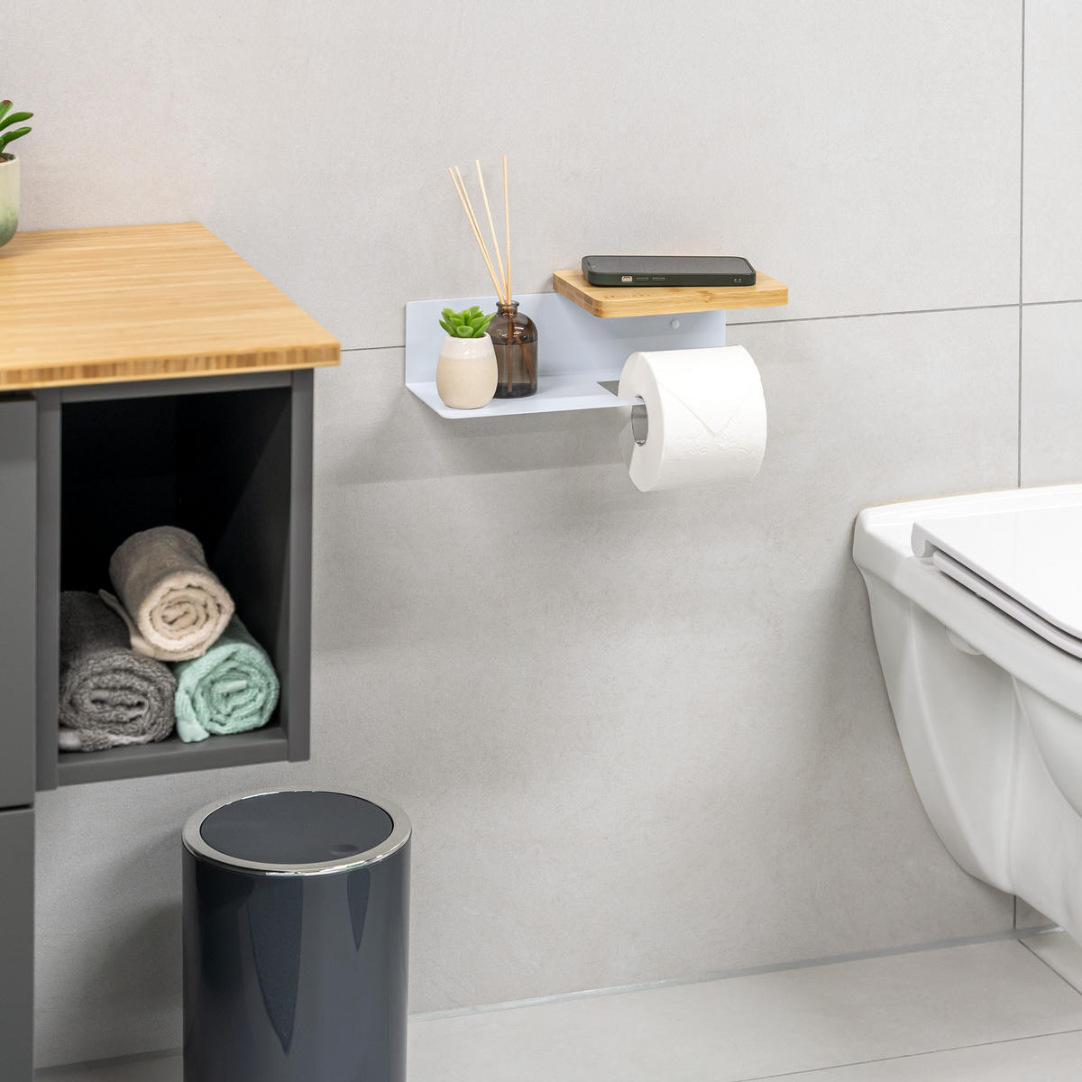 TOILETTENPAPIERHALTER VARAZ mit 2 Ablagen, Metall und Bambus - Weiß, Metall (31.5/9.5/13cm) - eluno