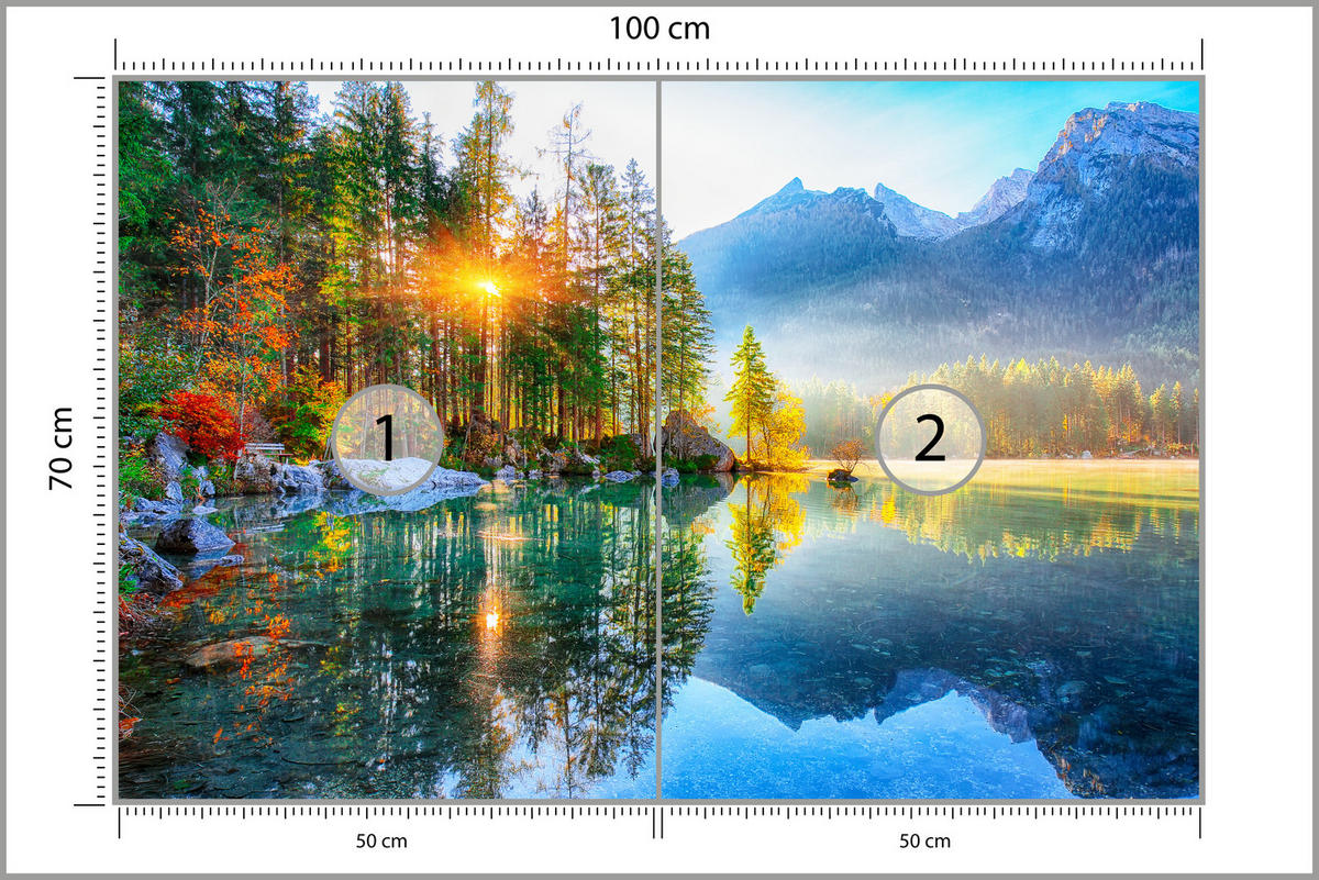 FOTOTAPETE für Schlafzimmer See Berge Bäume Sonnenuntergang Natur 100x70 - Gelb/Rot, Papier (100/70cm) - Muralo