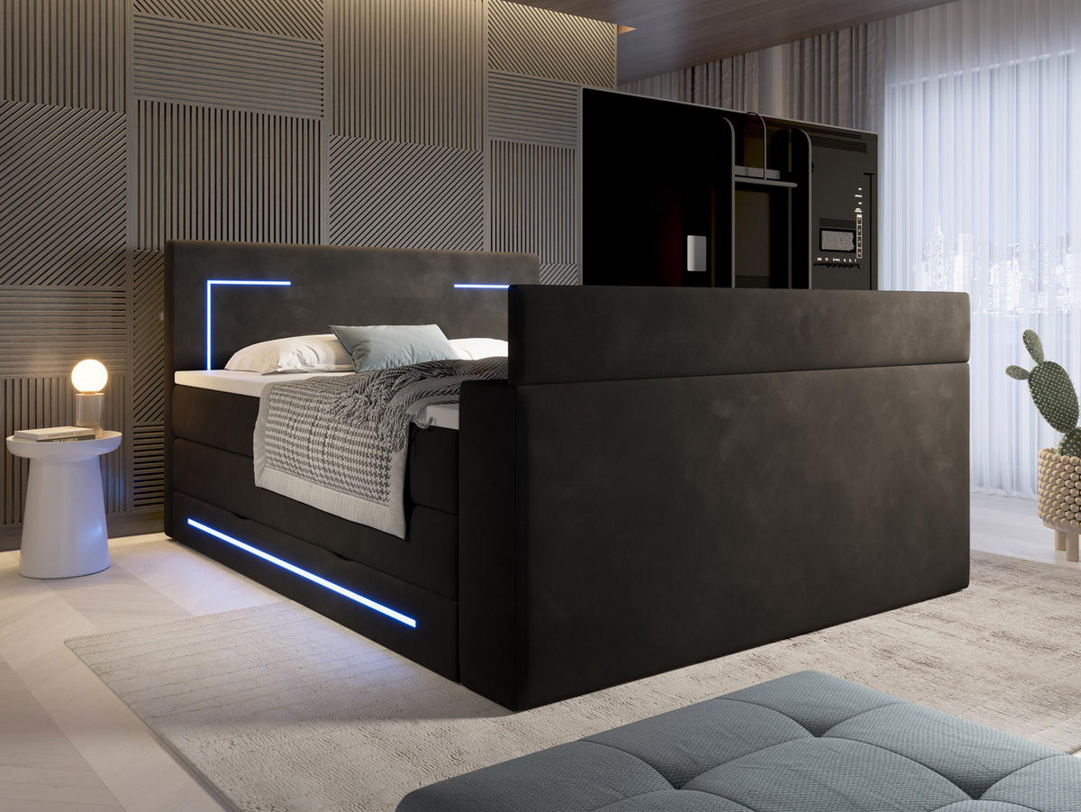 BOXSPRINGBETT Monaco schwarz 180/200 cm H2/H3 Samt mit TV-Lift - Schwarz, Textil (180/200cm) - wonello