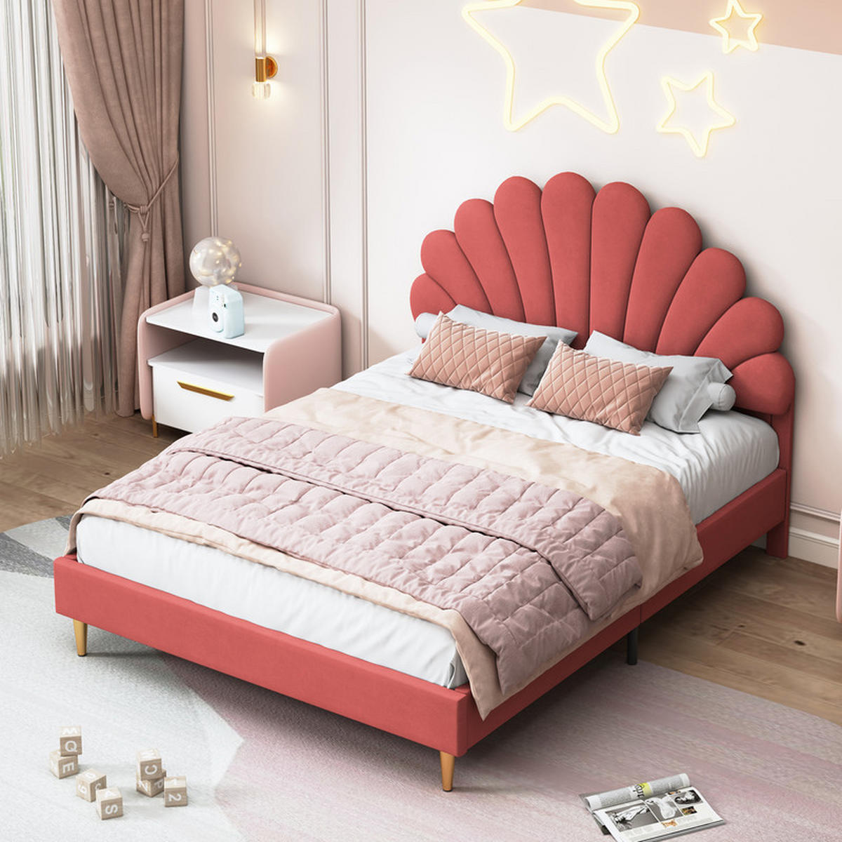 KINDERBETT 140x200 cm mit Lattenrost & Blumen-Kopfteil, Samt in Bordeaux, modernes Design, Komfortbett - Rot, Holz (140/200cm) - WoodenAura