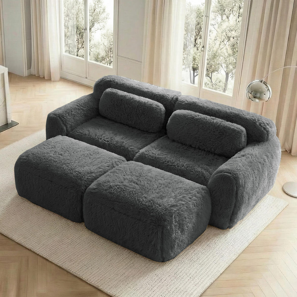 SCHLAFSOFA 2-Sitzer aus Plüschstoff mit 2 Hockern, Grau - Grau, Textil (204/73/179cm)