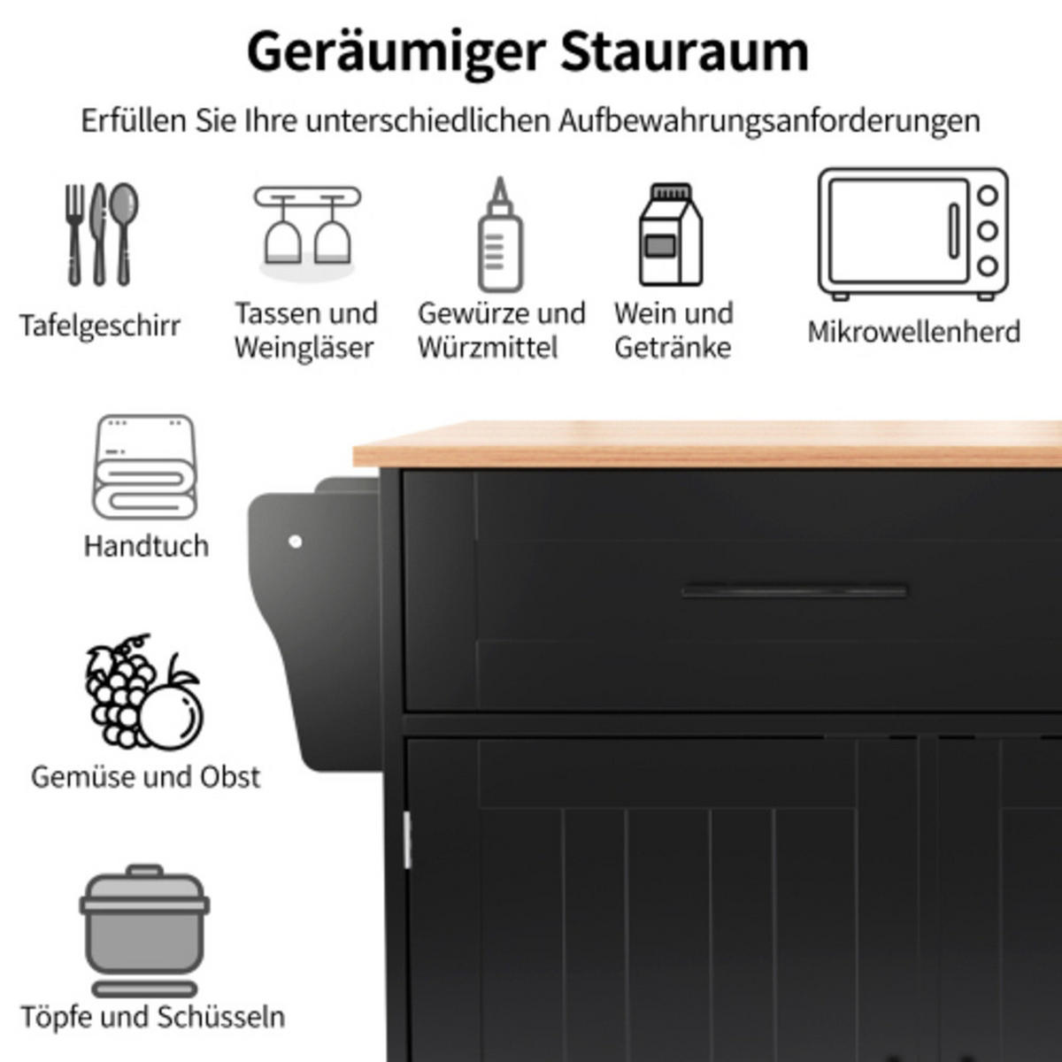 KÜCHENINSEL Schwarz-Natur aus MDF mit klappbarer Erweiterungsplatte, austauschbaren Füßen 129 × 71 × 91,5 cm - Schwarz, Holzwerkstoff (129/91.5/71cm) - Luhomfu