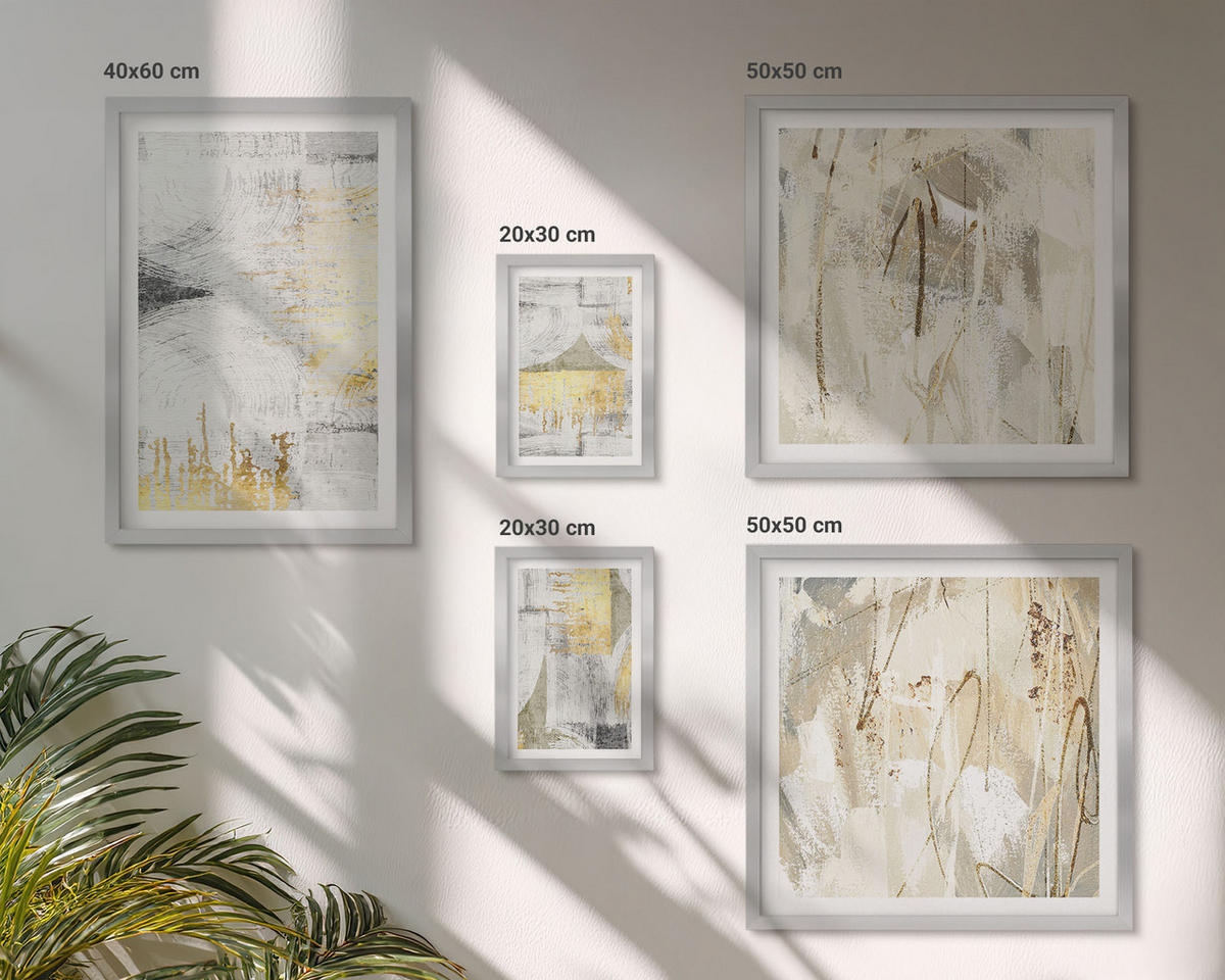 BILDER SET 5er Set - 50x50 cm & 20x30 cm & 40x60 cm Silberner Rahmen - Abstrakte minimalistische Muster - Silberfarben, Kunststoff (40/60cm) - TULUP