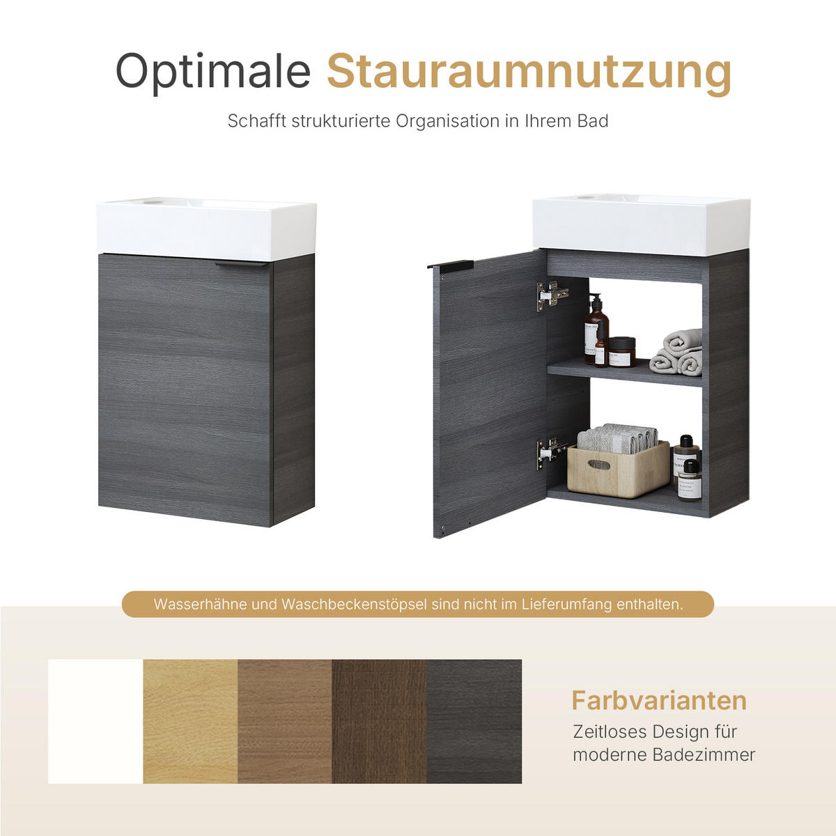 WASCHTISCHKOMBI 41,7 cm Holzdekor Grau mit Keramik-Waschbecken - Graubraun/Schwarz, Holz/Holzwerkstoff (41.7/64.6/24cm) - EMKE