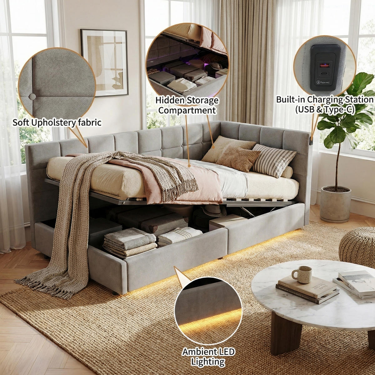 POLSTERBETT Modern 90/200 cm mit Bettkasten & LED-Schwebeeffekt Samtoptik Grau - Grau, Textil (90/200cm) - Creahappy