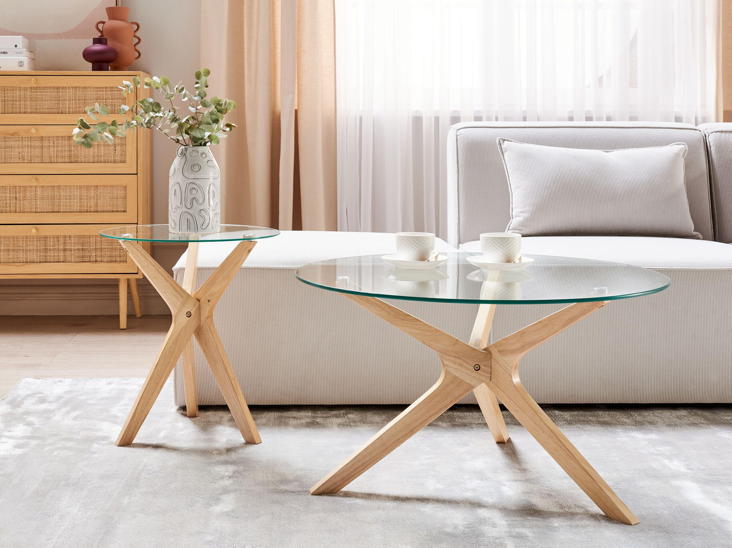 COUCHTISCH 2er-Set Rund Transparent, Hell Holz Valley 80/80 cm - Transparent, Glas (80/80cm) - Beliani