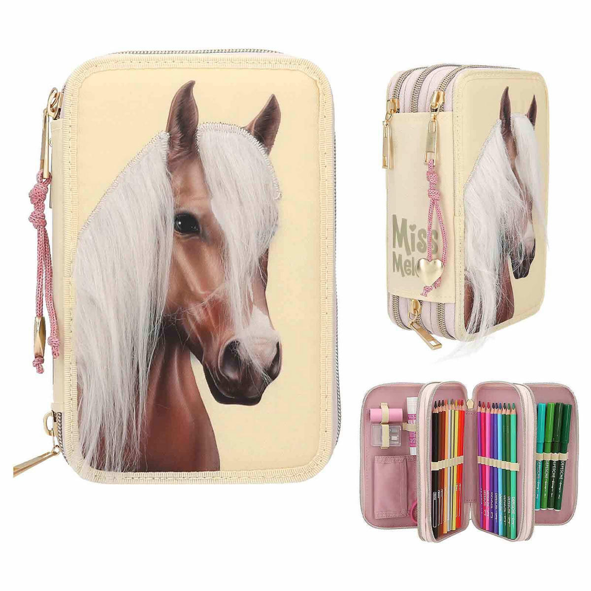 3-FACH FEDERTASCHE MIT PFERDEKOPF-APPLIKATION INKL. STIFTE Miss Melody hellgelb 7,5 x 13 x 20 cm - Hellgelb, Kunststoff (13/20/7.5cm) - Depesche Germany