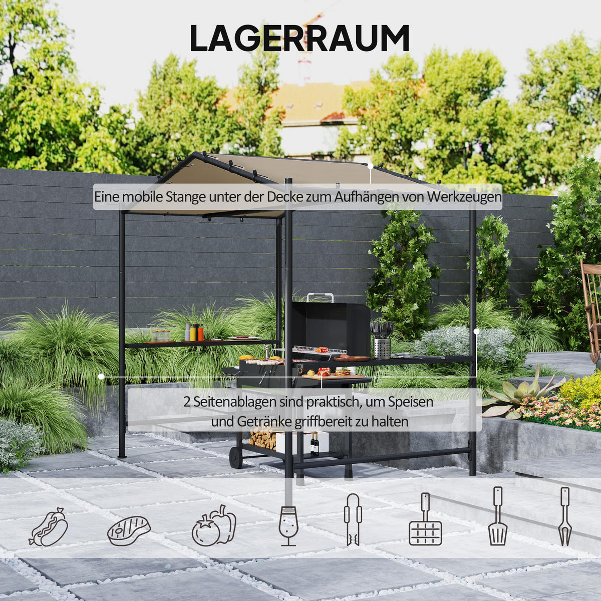 GRILLPAVILLON 277 x 149 x 230 cm, Khaki - Beige, Metall (149/230/277cm) - Outsunny