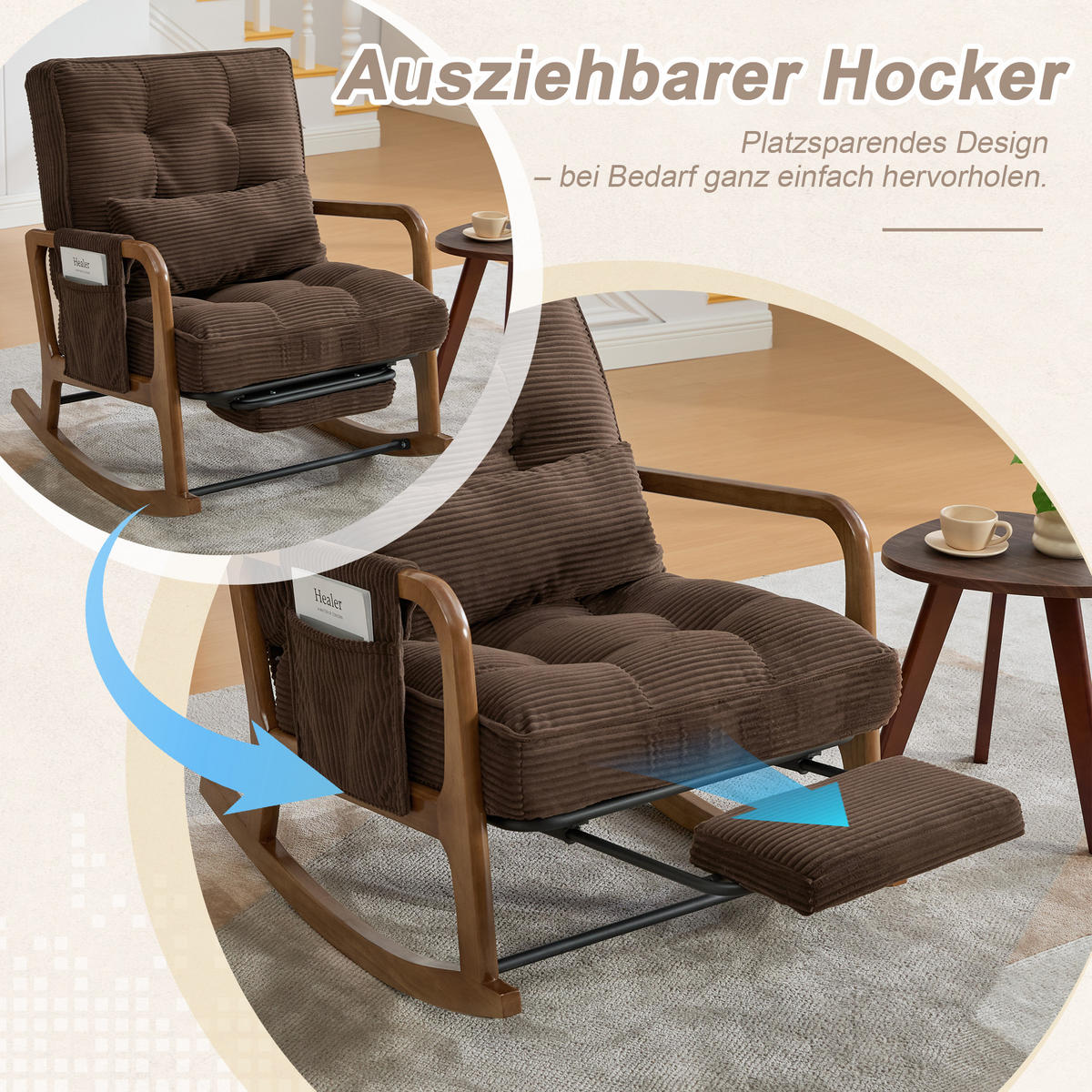 SCHAUKELSTUHL Relaxsessel mit Fußstütze,verstellbarer Rückenlehne,Cord,Braun - Braun, Textil (70/92/80cm) - LVHOM