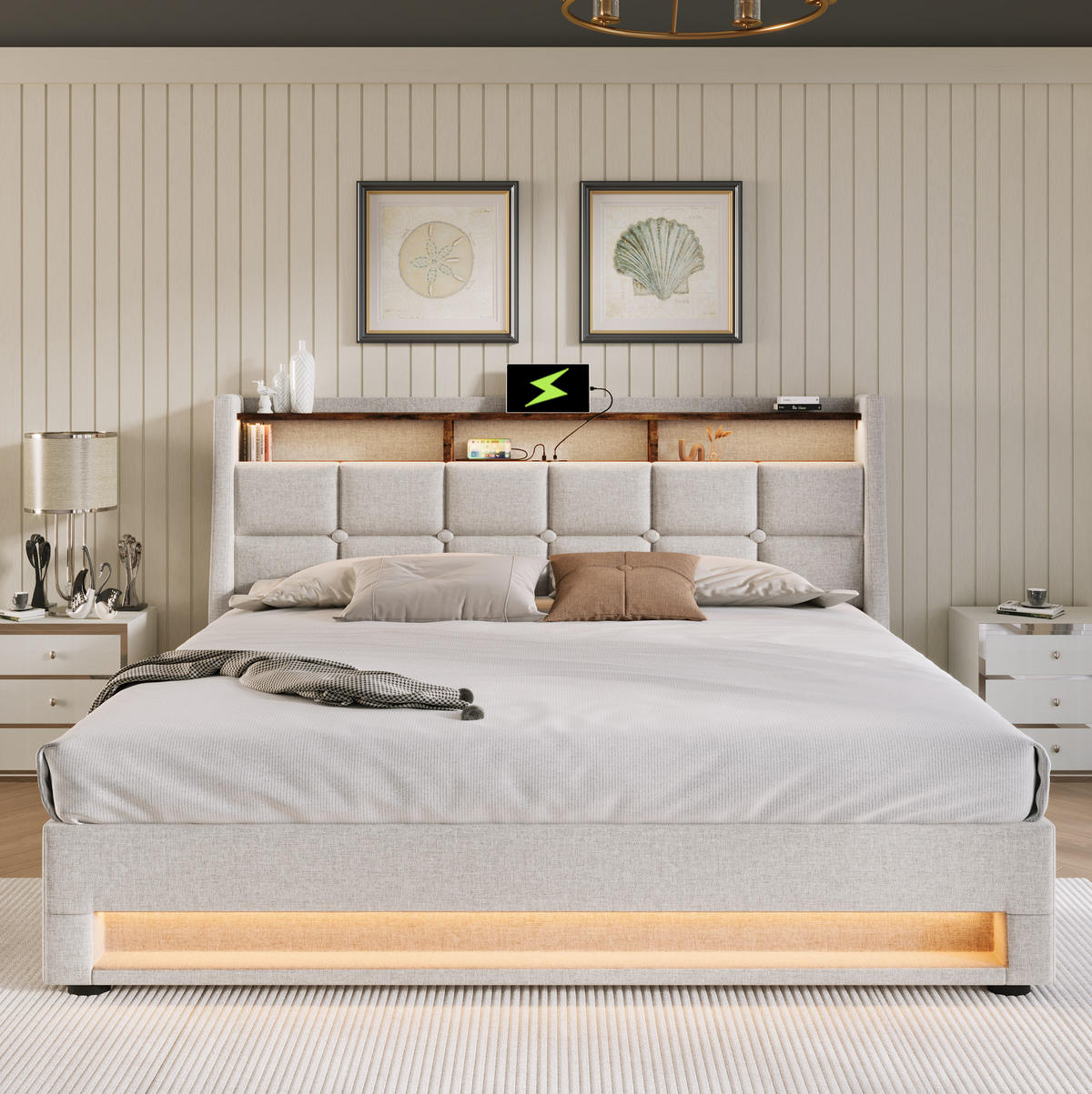 POLSTERBETT aus Leinen 160x200 cm in Beige mit LED-Beleuchtung & USB - Beige, Textil (160/200cm) - Modfu