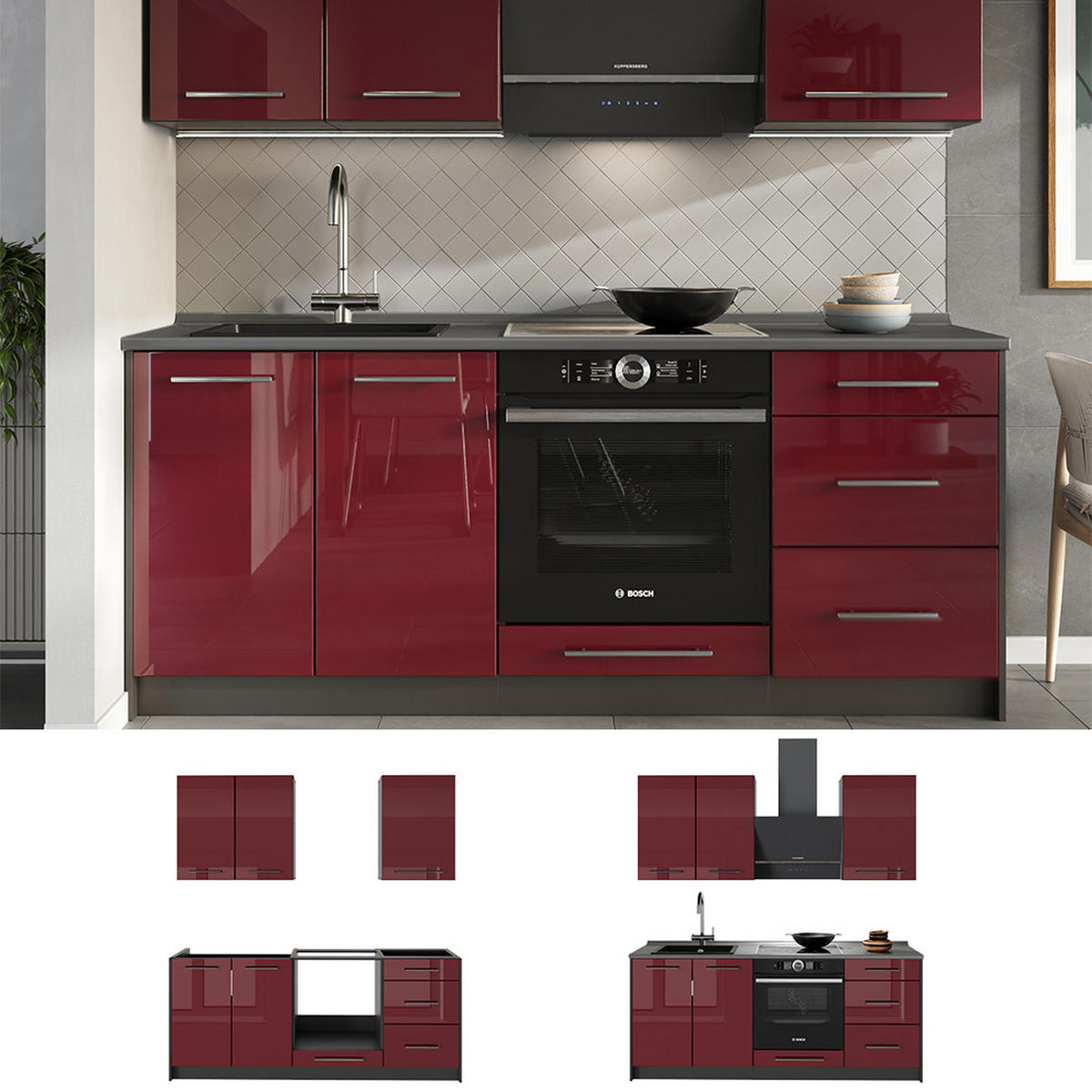 SINGLEKÜCHE Fame-Line, Bordeaux Hochglanz/Anthrazit, 190 cm, AP Anthrazit - Bordeaux/Anthrazit, Holzwerkstoff (190/82/60cm) - Vicco
