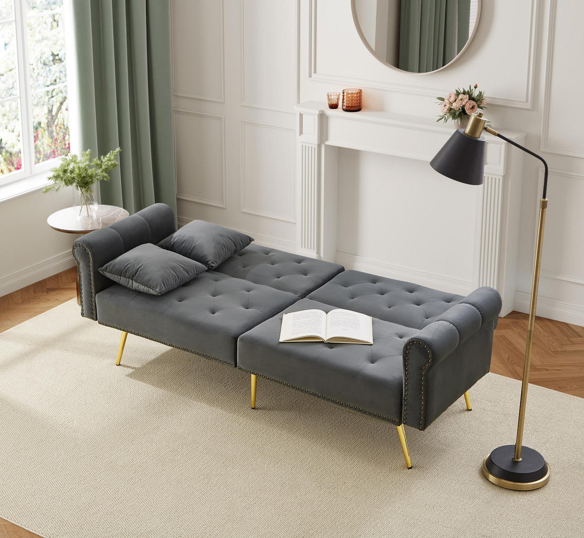 SOFA 2-Sitzer Schlaffunktion Samtbezug Verstellbare Lehne Metallfüße Kleinraum - Grau, Holz (89.54/19.81/77.47cm) - FLIEKS