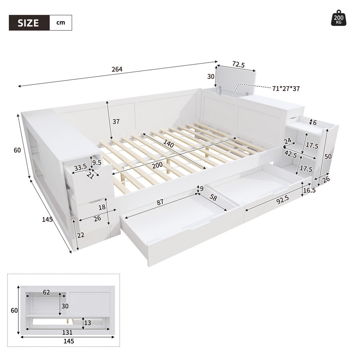 KINDERBETT 140/200 cm aus MDF mit Stauraum Nachttisch und Lattenrost Weiß - Weiß, Holzwerkstoff (140/200cm) - Modenvie