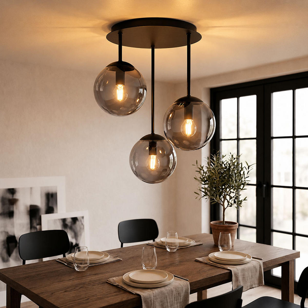 DECKENLEUCHTE HARMON, Metall, Schwarz, Rauchoptik - Schwarz, Glas (34/32.5/40cm) - Globo Lighting