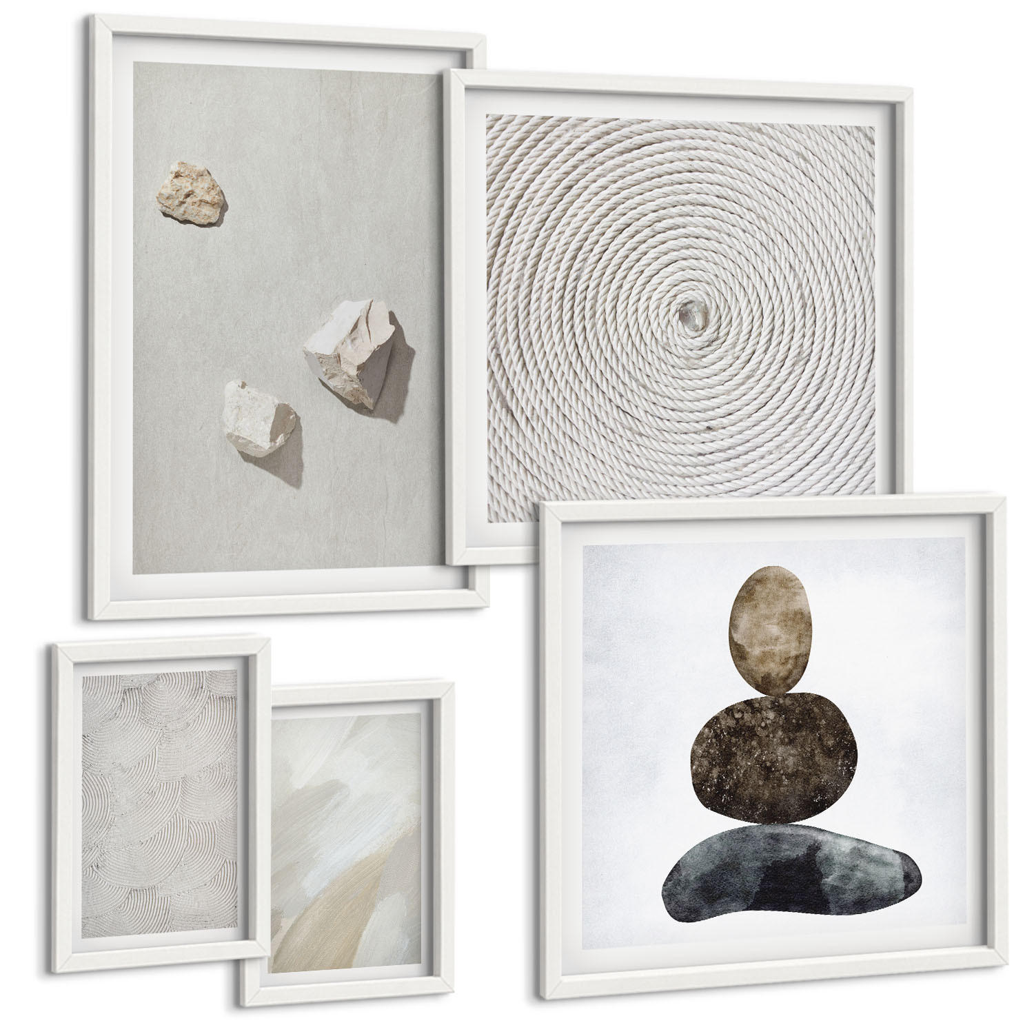 BILDER SET 5er Set - 50x50 cm & 20x30 cm & 40x60 cm Weißer Rahmen - Sandsteine moderne Farbe - Weiß, Kunststoff (40/60cm) - TULUP