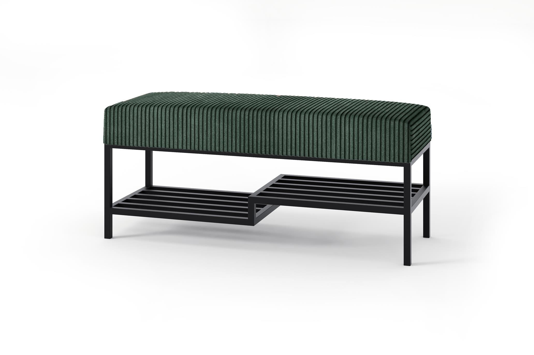SITZBANK Mello 100 Grün, Schwarze Beine, Cordstoff Bank mit Ablage - Schwarz/Grün, Holzwerkstoff/Textil (100/45/35cm) - Bettso